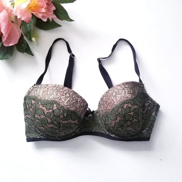 Victoria's Secret Olive & Nude Lace Bra Swarovski Embellished 32D - Picture 1 of 7